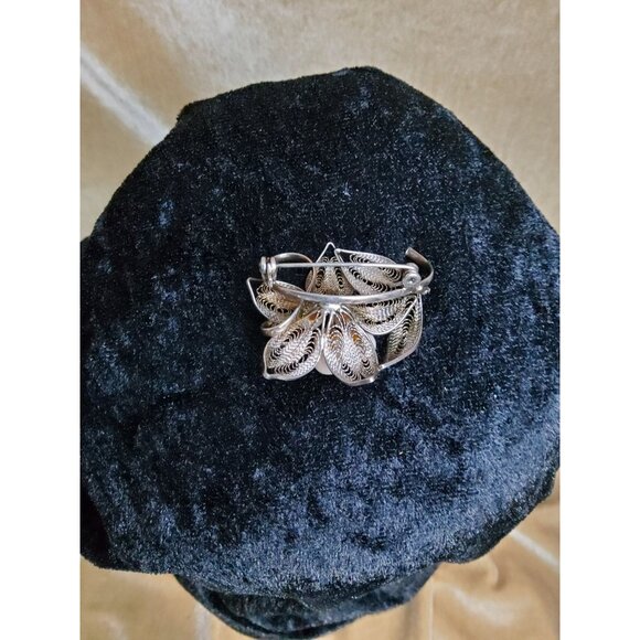 vintage silver tone fine fillegree open mesh faux pearls brooch - Picture 4 of 4